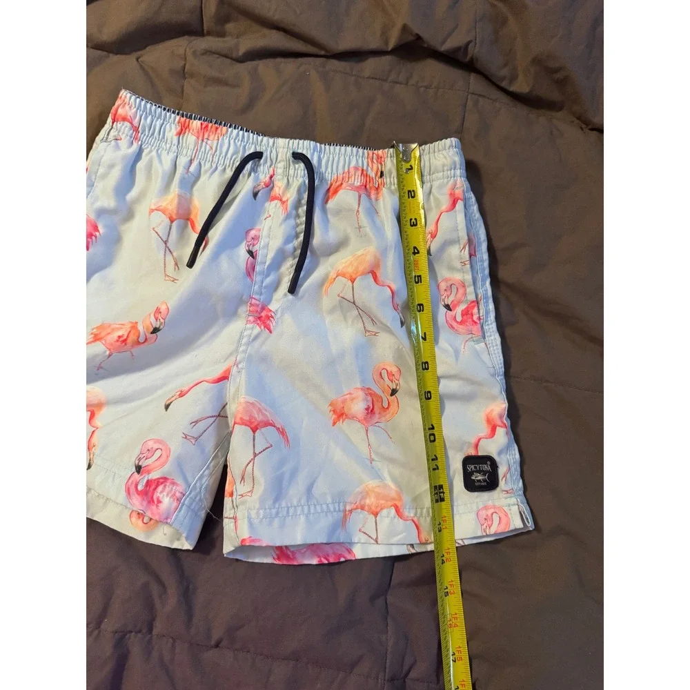 Spicy Tuna Boys Pink Flamingo Swim Trunks Blue Tropical Board Shorts Size 14
